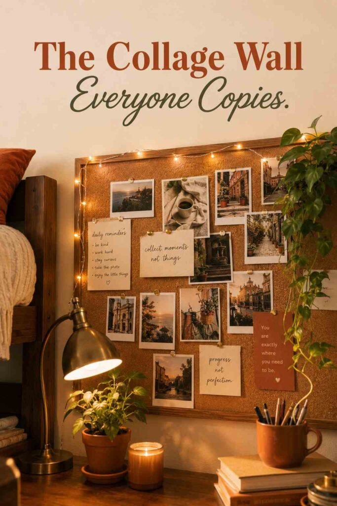 Cork photo collage board with warm-toned printed photos and string lights along the edge.