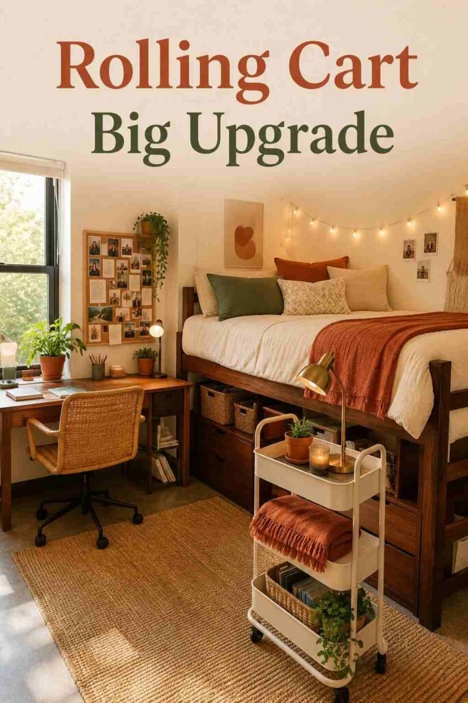 Rolling cart styled as a dorm nightstand with a brass lamp, folded throw, and small potted plant.