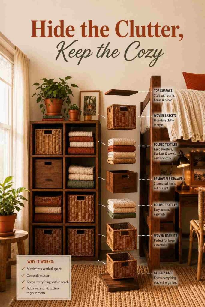 Stacked storage cube organizer with woven baskets and folded textiles beside a dorm bed.