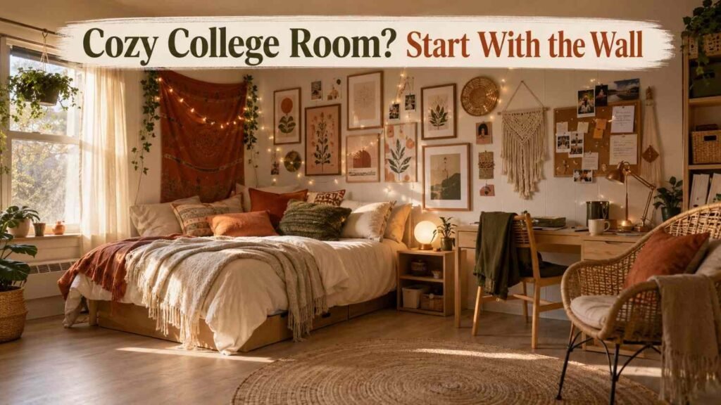 Boho college dorm bedroom with a terracotta tapestry, framed gallery wall, and string lights above the bed.