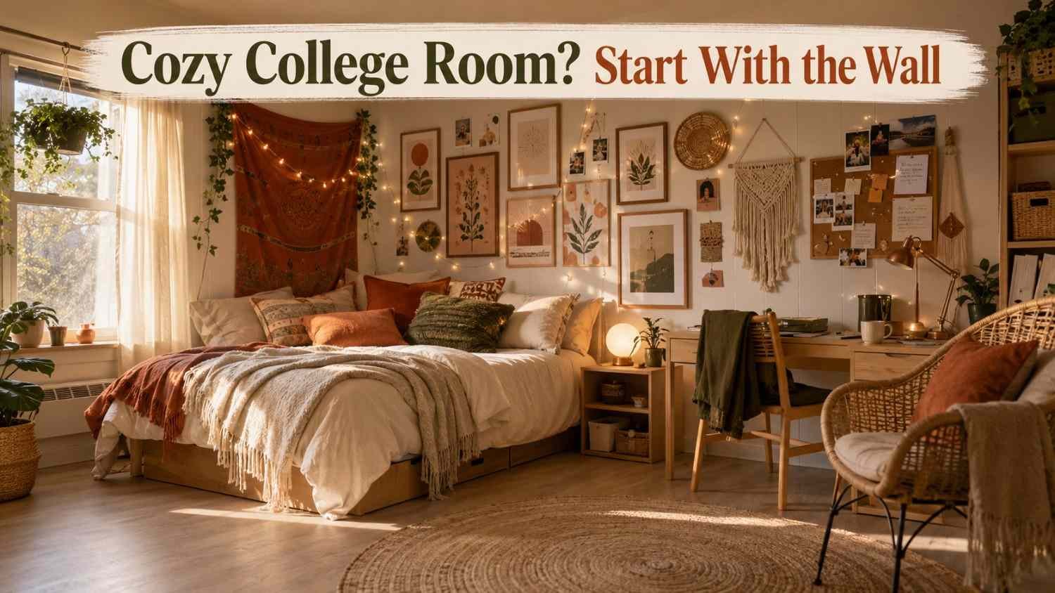 Boho college dorm bedroom with a terracotta tapestry, framed gallery wall, and string lights above the bed.