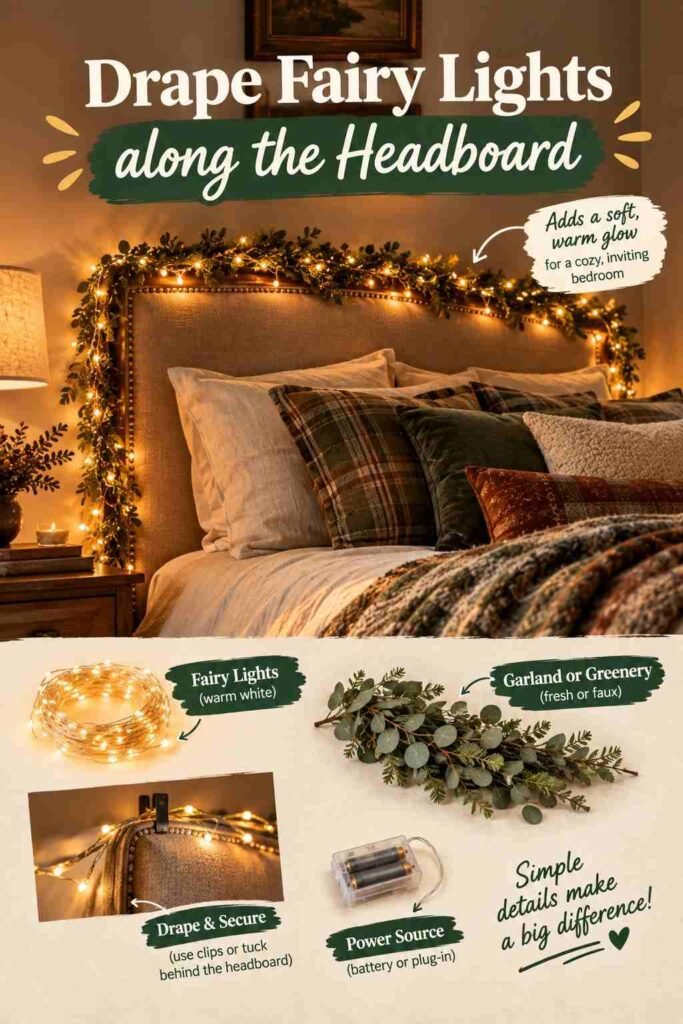 Cozy Christmas Decor Ideas to Make Every Room Feel Warm and Inviting 9 Cozy bedroom with warm fairy lights and greenery draped along an upholstered headboard for festive Christmas decor.