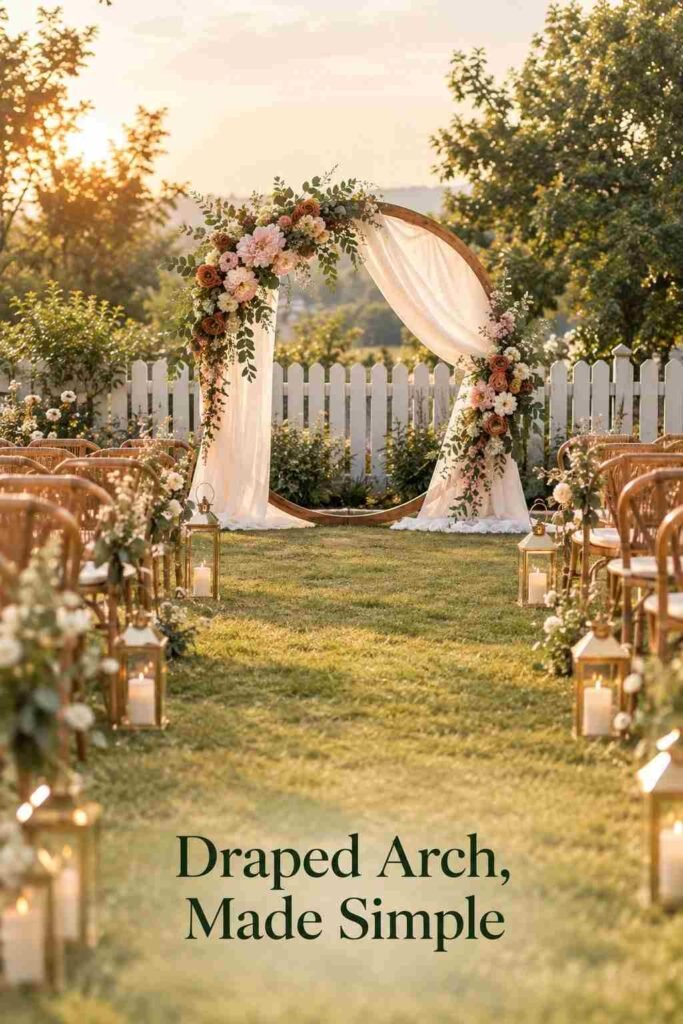 Round wooden wedding arch draped in ivory chiffon with blush peonies, sage eucalyptus, and terracotta ranunculus at golden hour.