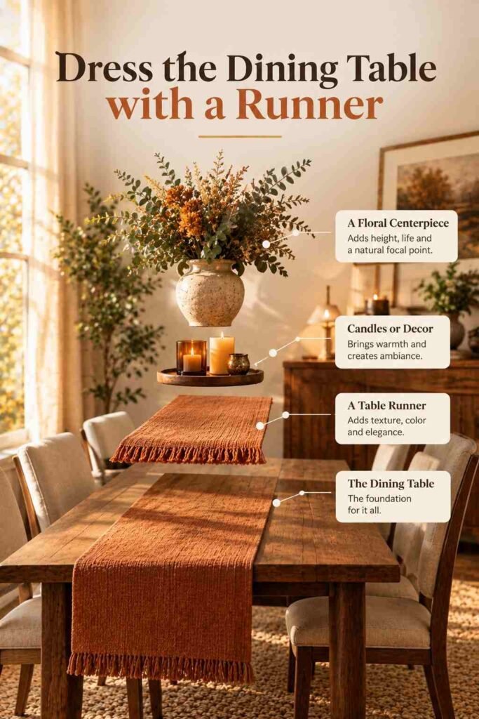Exploded-view dining table styling with a textured runner, floral centerpiece, candles, and rustic wood table.