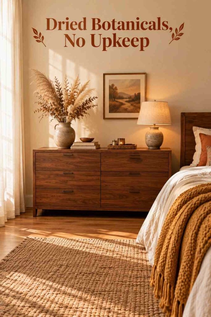 Walnut dresser with a ceramic vase of dried pampas grass and a small styled tray.