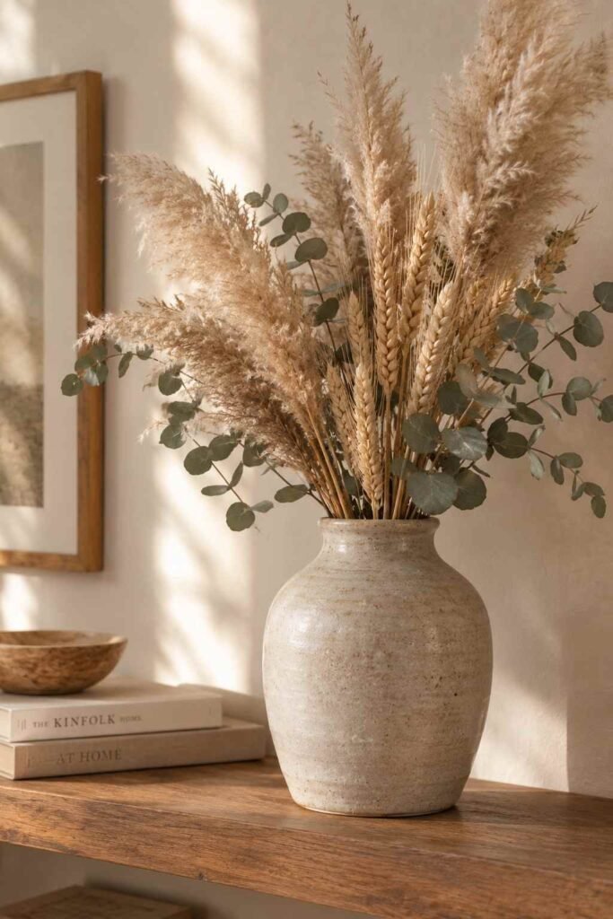 Fall Decor Indoor Ideas to Transform Your Home This Season That Actually Feel Warm 7 Dried pampas grass and wheat stalks arranged in a stoneware vase for fall home decor
