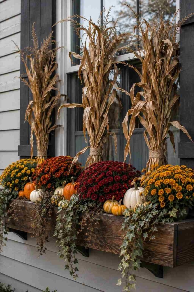 Fall Window Box Ideas to Turn Your Porch Into an Autumn Showstopper 6 Dried corn stalks used as a backdrop in a fall window box.