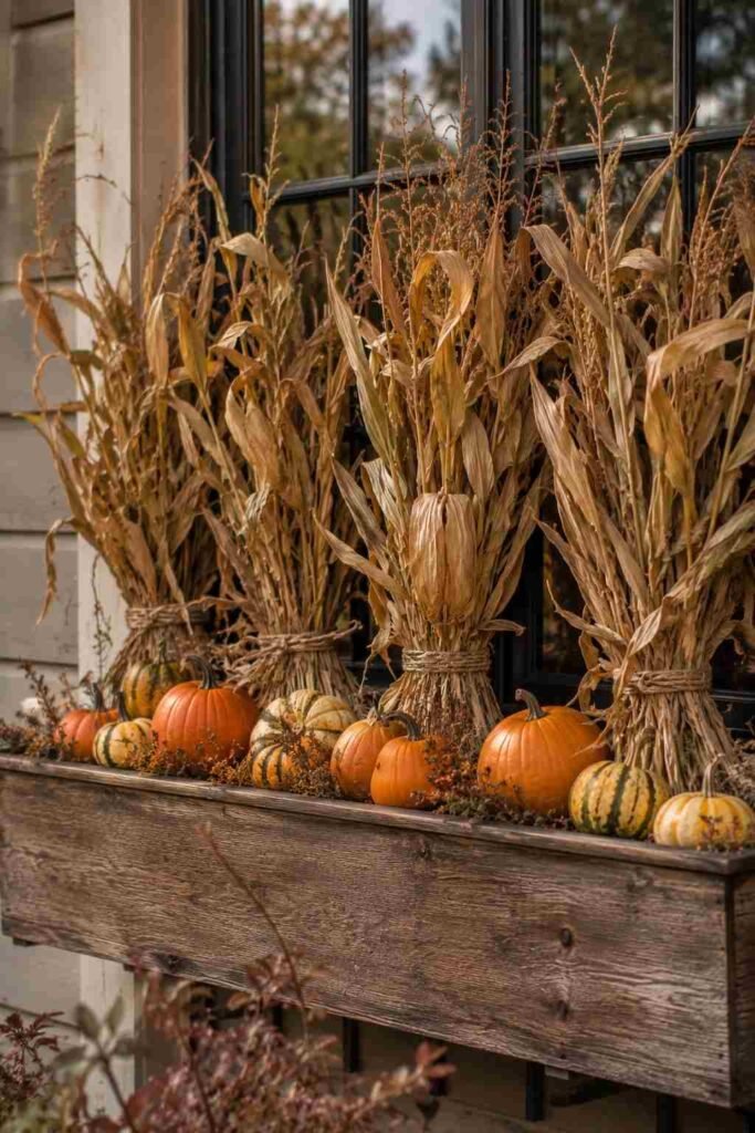 Halloween Window Boxes: Spooky, Elegant & Budget-Friendly Ideas for Every Home 15 Dried corn stalk bundles adding height to a rustic Halloween window box