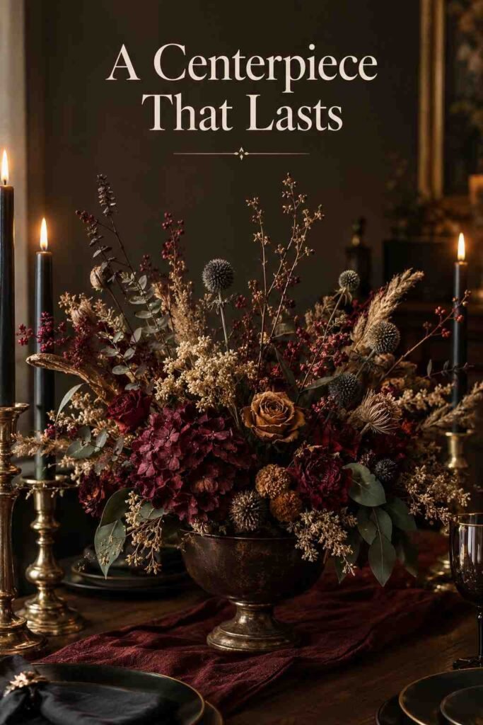 Close-up of a dried floral and foliage centerpiece in muted burnt orange and burgundy tones.