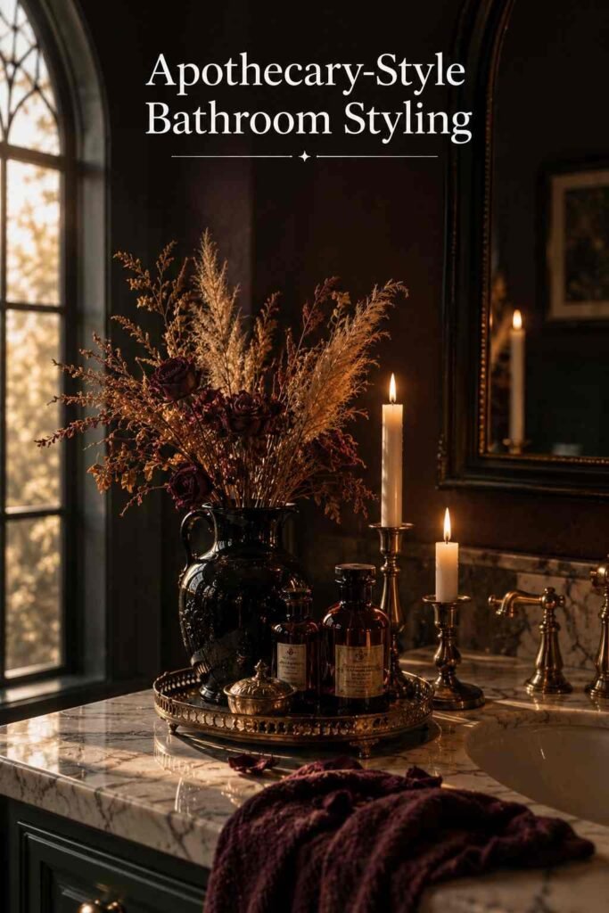 Vanity styling vignette with lit taper candles, dried pampas grass, and small amber apothecary bottles on a brass tray.