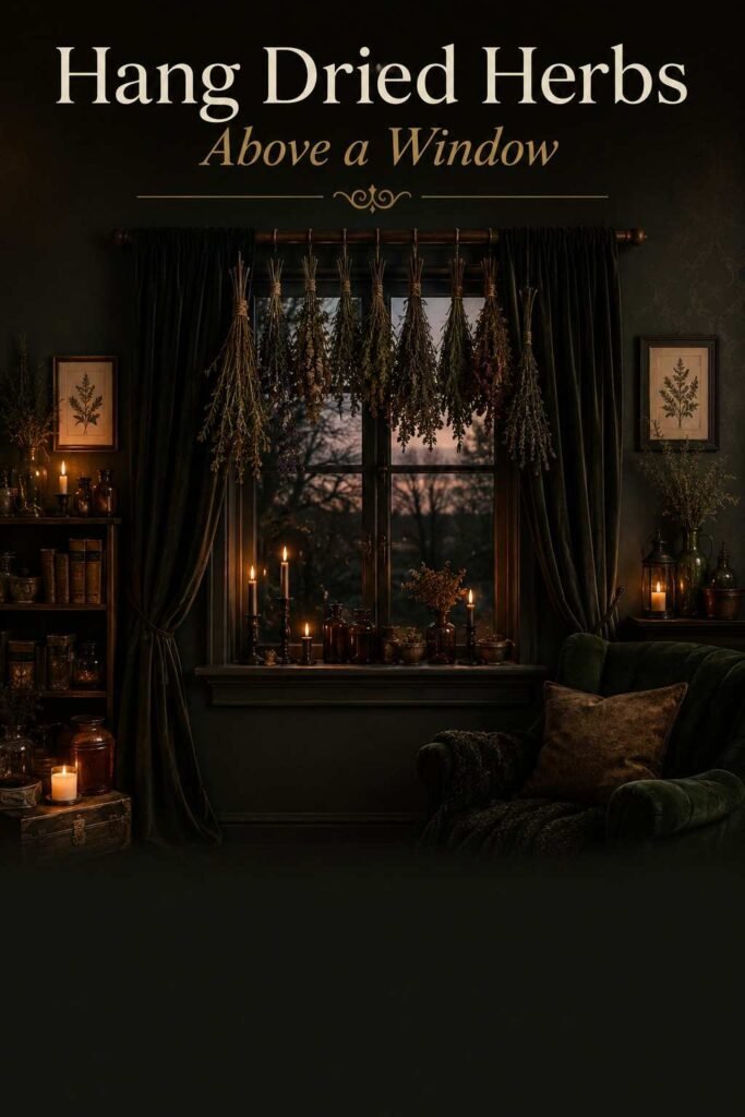 Witch Halloween Decor Ideas to Cast a Spell on Your Home This Halloween 3 A curtained window with dried herb bundles hanging from a wooden rod above the frame.