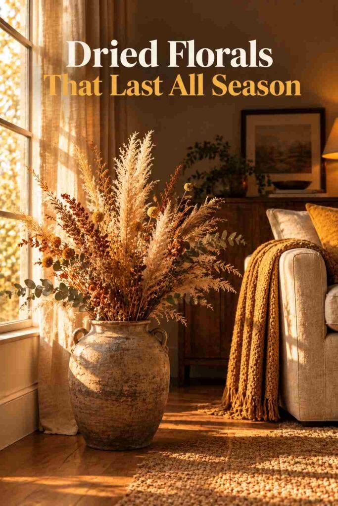 Ceramic vase with dried pampas grass silhouetted against golden window light.