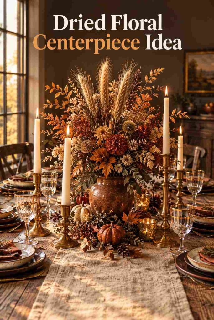 Close-up of a dried wheat and floral centerpiece with lit brass taper candles on a wood table.