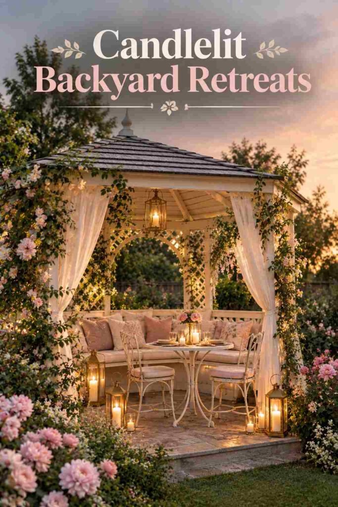 White gazebo with a candlelit bistro table and glowing gold lanterns at dusk.