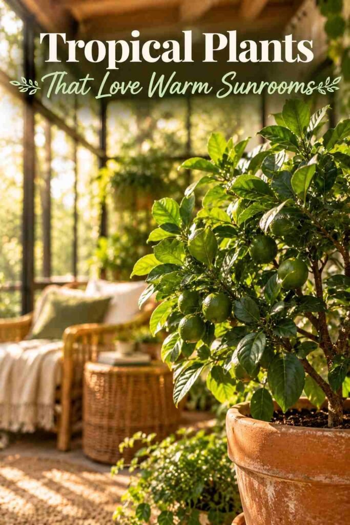 Close-up of a dwarf citrus tree's glossy leaves and small fruit in a terracotta pot with warm sunlight.