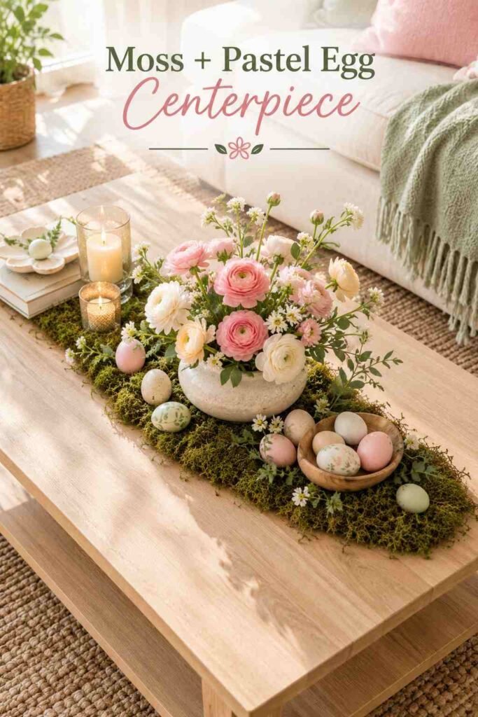 Fresh & Chic Easter Home Decor Ideas to Brighten Every Room This Spring 6 Coffee table styled with a moss runner, pastel painted eggs, and a low vase of ranunculus.