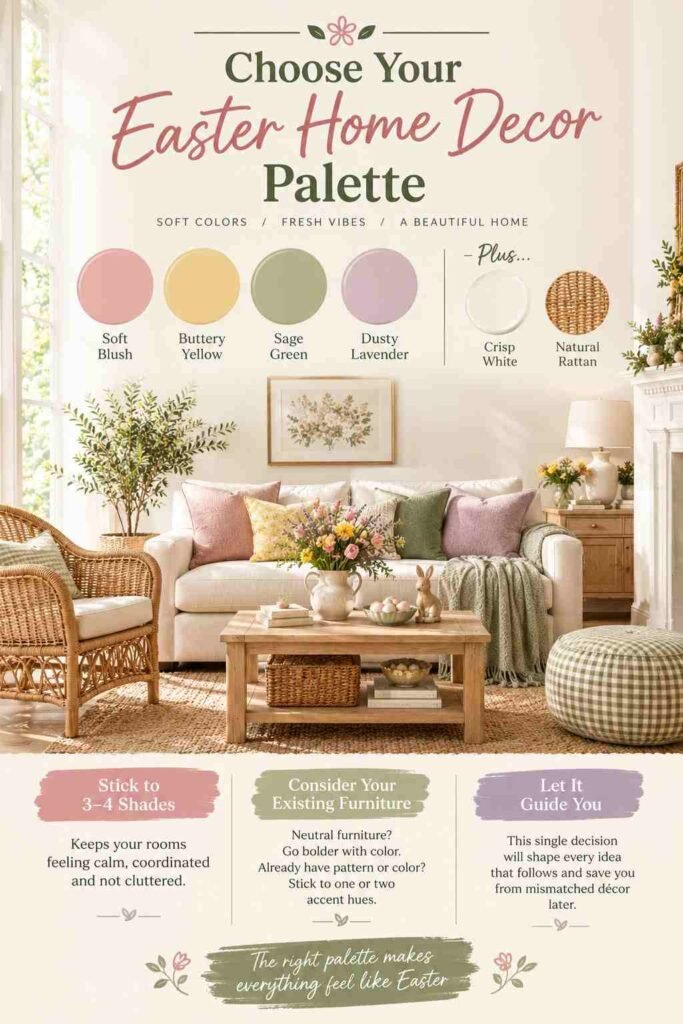 Fresh & Chic Easter Home Decor Ideas to Brighten Every Room This Spring 2 Easter home decor palette featuring soft blush, buttery yellow, sage green, dusty lavender, white, and natural rattan accents in a cozy living room.