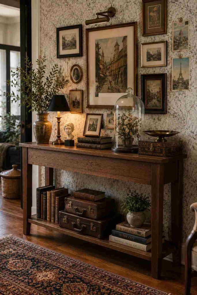 Eclectic layered cozy console table styling with vintage and travel accents