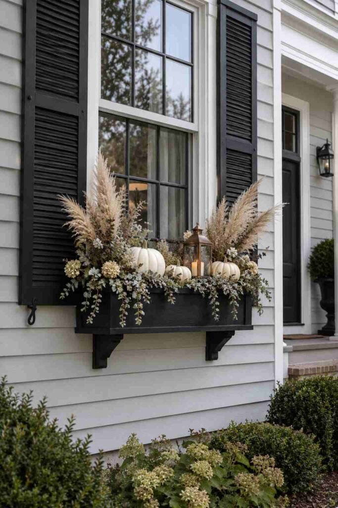 Halloween Window Boxes: Spooky, Elegant & Budget-Friendly Ideas for Every Home 9 Elegant white and neutral Halloween window box on a refined front porch