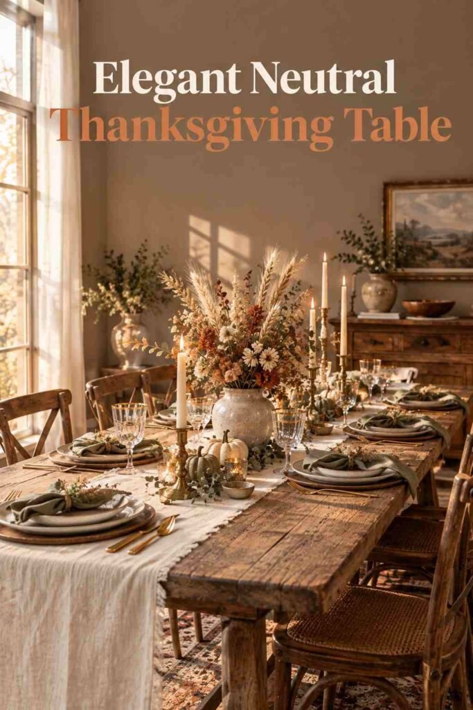 Dining table styled with an ivory linen runner, sage green accents, and neutral stoneware for a soft Thanksgiving look.