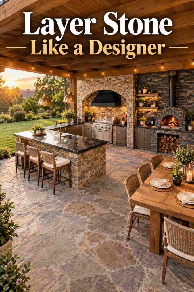 Elevated view of an L-shaped stone outdoor kitchen on a flagstone terrace with a cedar dining table nearby.