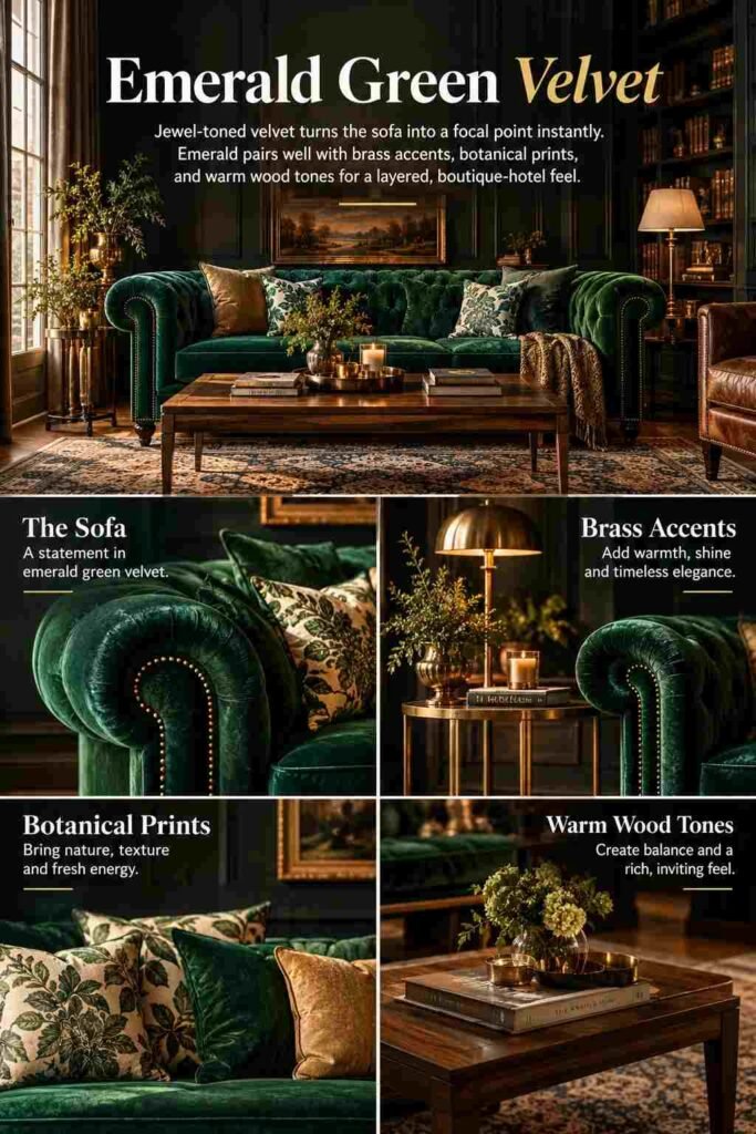 Chesterfield Sofa Living Room Ideas to Elevate Your Space in 2026 3 Emerald green velvet Chesterfield sofa styled with brass accents, botanical pillows, and warm wood tones in a moody glam living room.