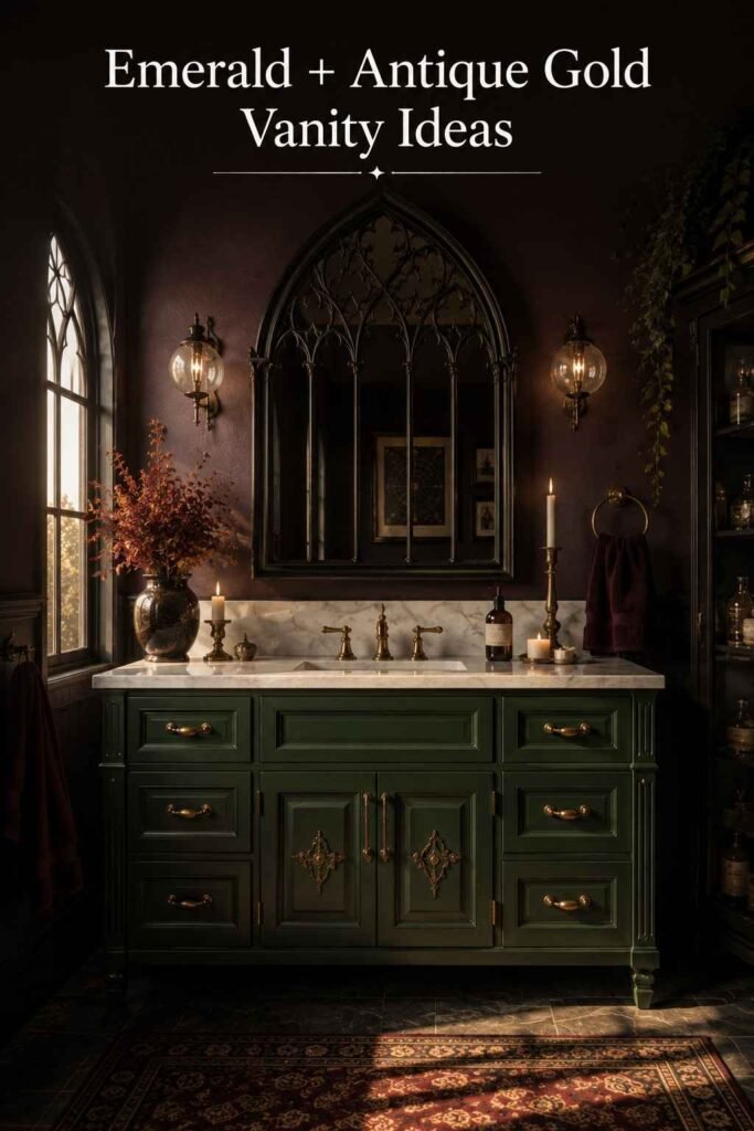Emerald green bathroom vanity with white marble top, gold hardware, and a black wrought iron arched mirror.