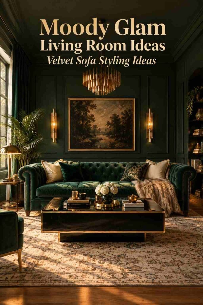 Emerald velvet Chesterfield sofa styled with gold-trimmed pillows and a fur throw.