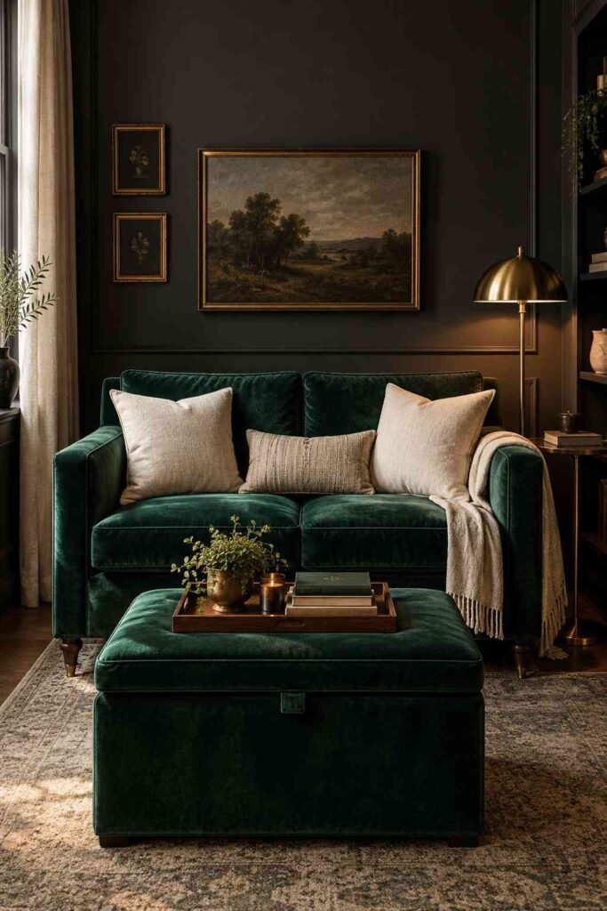 Emerald velvet sofa with cream cushions against charcoal walls in a small apartment.