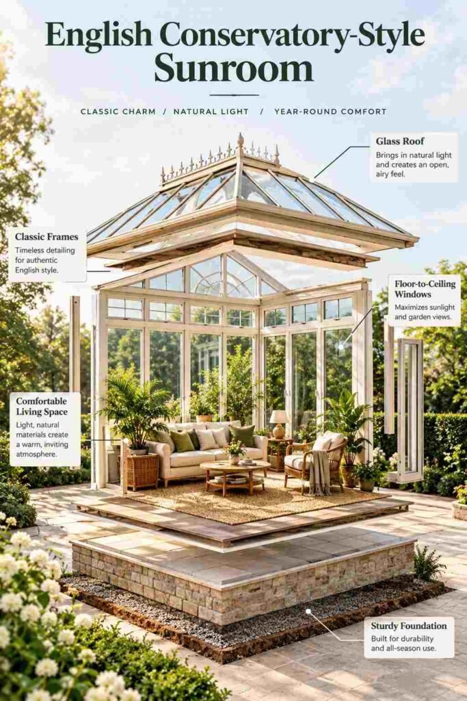 Exploded view of an English conservatory-style sunroom with a glass roof, white frames, furnished seating area, stone foundation, and garden setting.