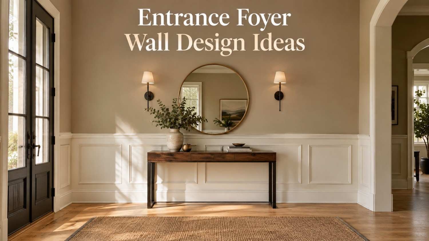Entrance foyer with wainscoted wall, round brass mirror, and walnut console table.