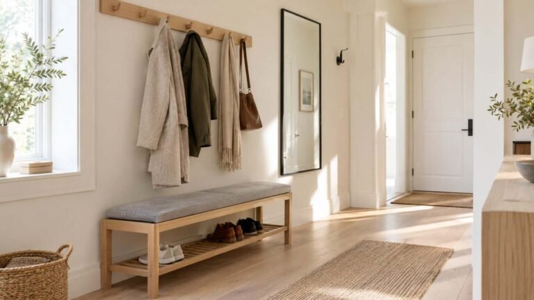 Bright Scandinavian entrance hall with oak hooks and bench