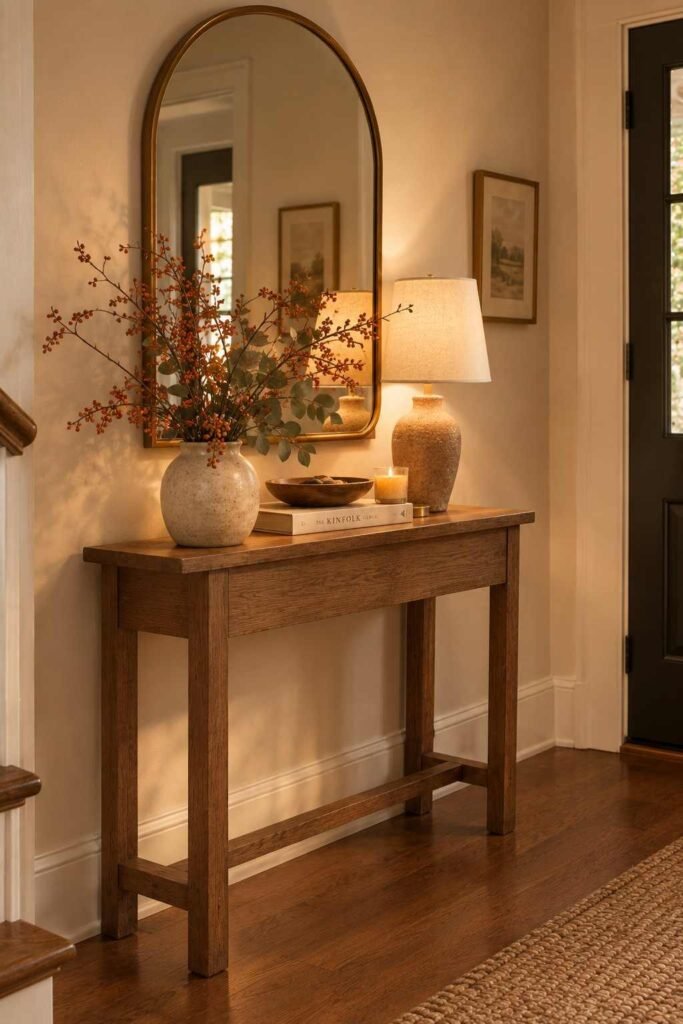 Fall Decor Indoor Ideas to Transform Your Home This Season That Actually Feel Warm 11 Entry table styled with bittersweet branches and preserved greenery for fall decor