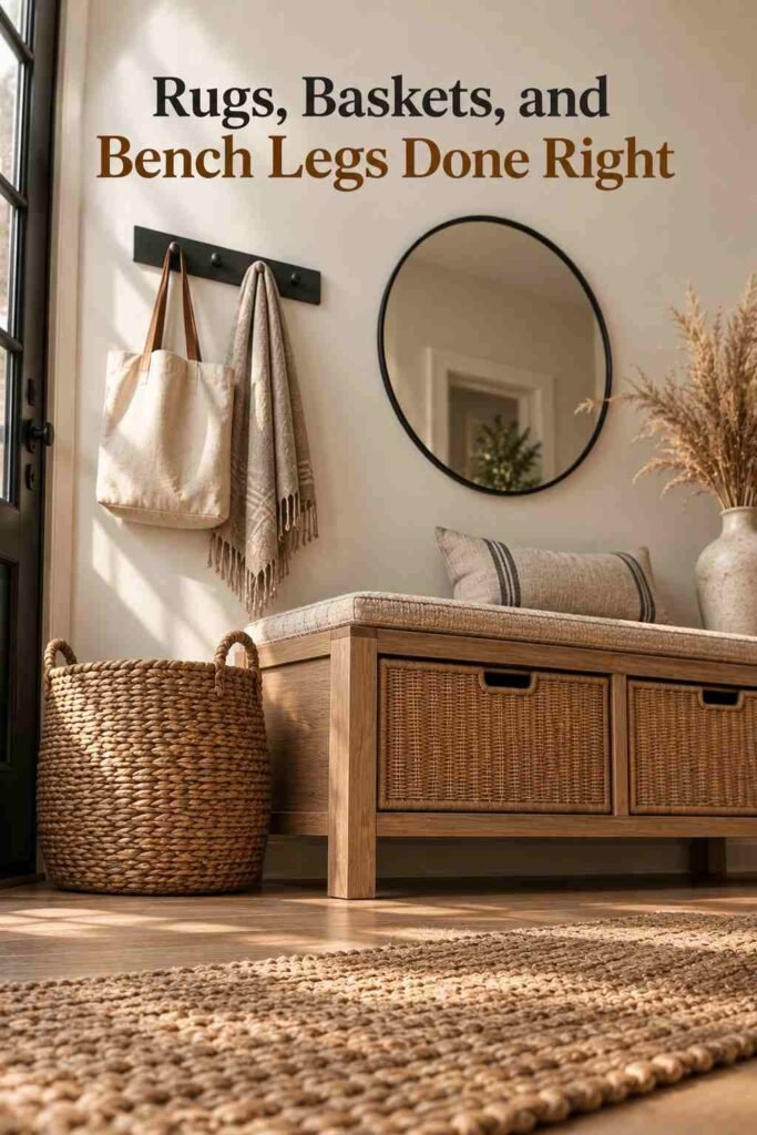 Entryway Bench Ideas to Make Every Homecoming Feel Welcome 6 Low-angle view of oak bench legs, a jute rug, and a woven basket on an entryway floor.