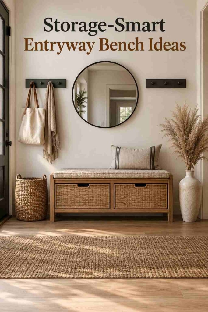 Entryway Bench Ideas to Make Every Homecoming Feel Welcome 2 Symmetrical view of an oak entryway bench centered beneath a round mirror and wall hooks.