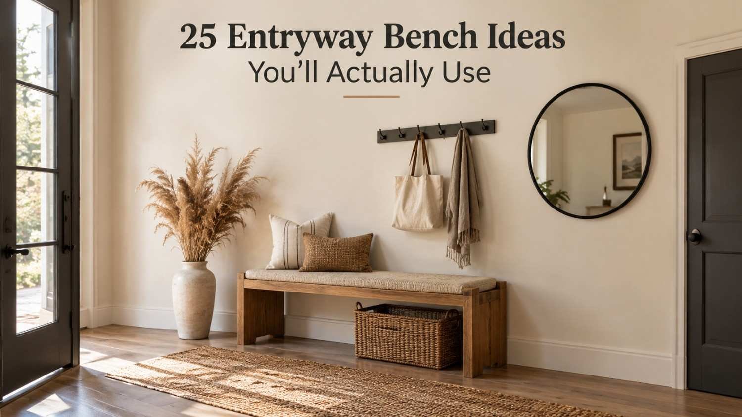 Warm oak entryway bench with woven cushion, wall hooks, and round mirror in a sunlit entry.