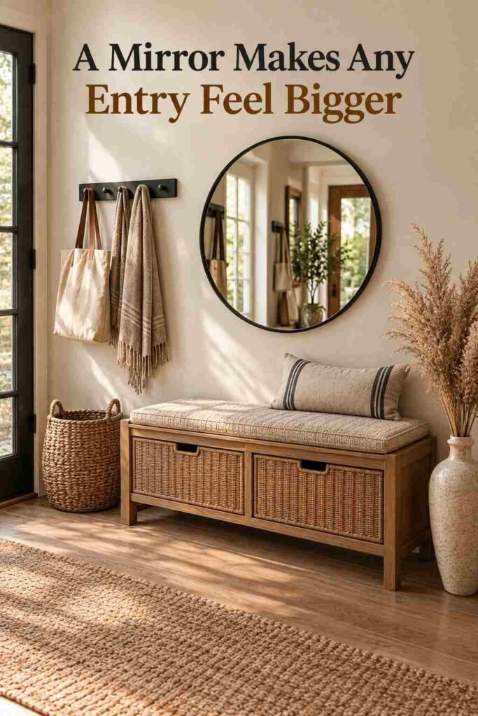 Entryway Bench Ideas to Make Every Homecoming Feel Welcome 8 Elevated view of an entryway bench with a round mirror reflecting soft natural light.