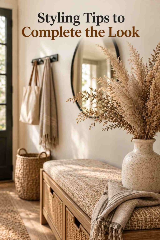 Entryway Bench Ideas to Make Every Homecoming Feel Welcome 10 Ceramic vase with dried pampas grass and a folded linen scarf styled on an entryway bench.