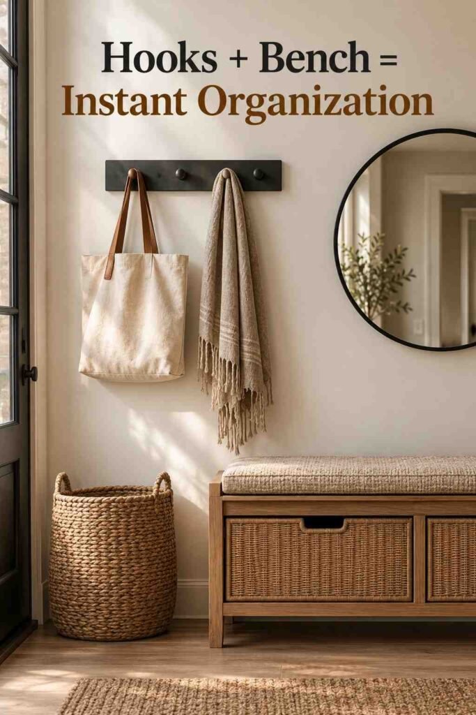 Entryway Bench Ideas to Make Every Homecoming Feel Welcome 3 Charcoal wall hooks holding a canvas tote and scarf above a wood entryway bench.