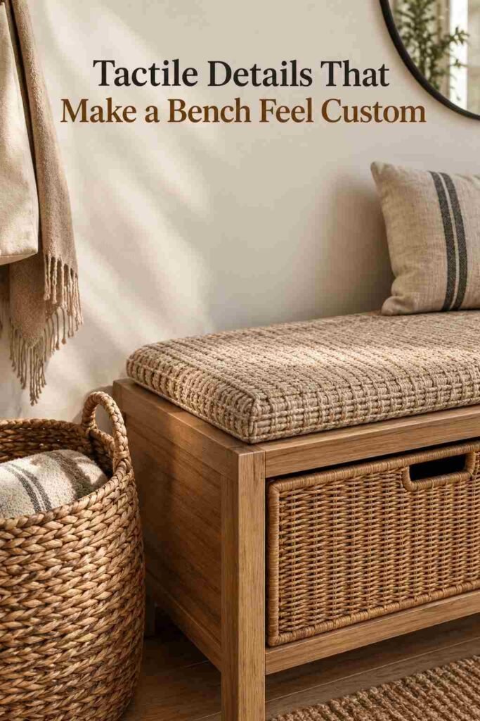 Entryway Bench Ideas to Make Every Homecoming Feel Welcome 4 Close-up of a woven rattan cushion texture on a wood entryway bench next to a wicker basket.