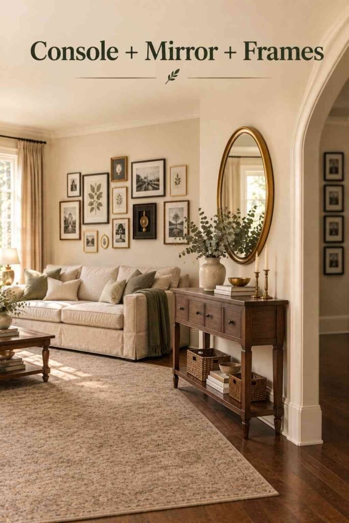 Picture Frame Wall Ideas to Turn Blank Walls Into Personal Stories 7 Walnut console with a round brass mirror and a eucalyptus vase beside an arched doorway, with framed art in the hallway beyond.