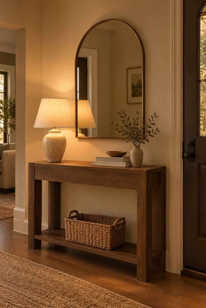Cozy console table styling with arched mirror and warm table lamp in entryway