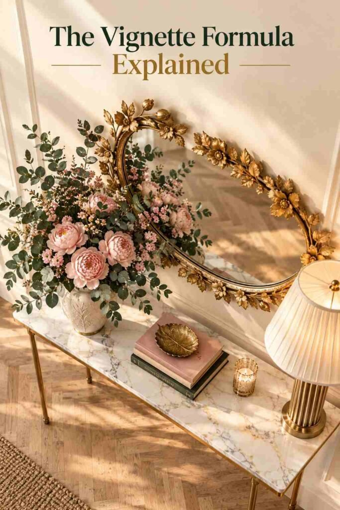 Luxury Floral Wall Mirror Ideas to Transform Your Home in 2026 10 Overhead view of a styled console table with vase, lamp, and the base of a floral mirror.