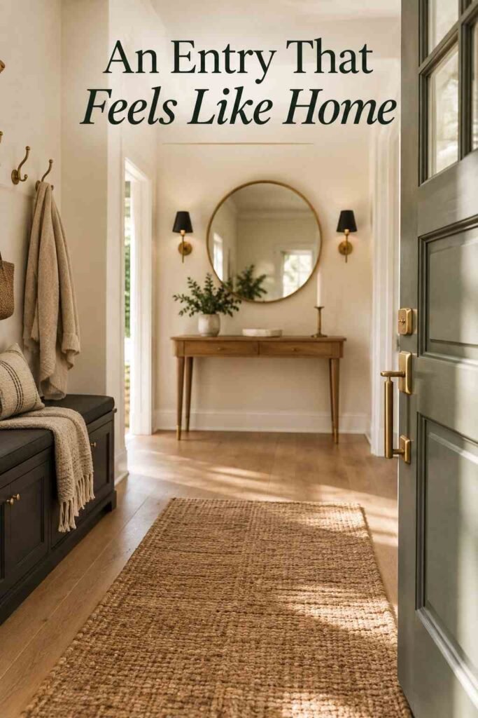 A front entryway with the door slightly open, daylight spilling in, and a throw blanket resting on a storage bench.