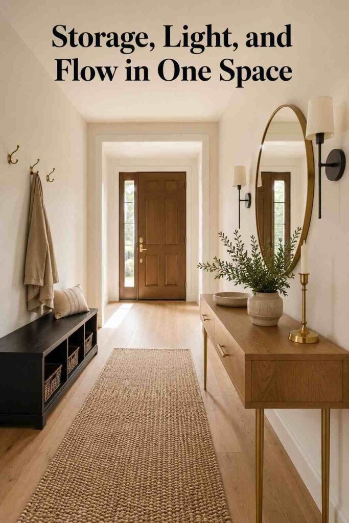 Wide view of an entryway looking toward a front door, showing a storage bench, wall hooks, and a runner rug along the walking path.