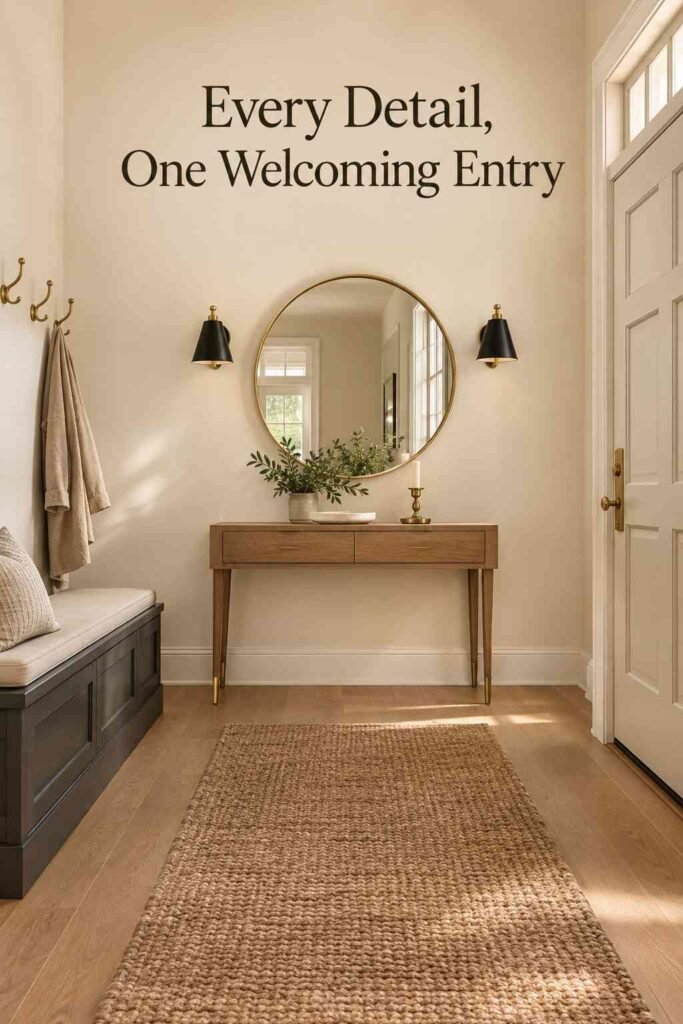 Low-angle view of a console table and storage bench softly reflected in a round entryway mirror.