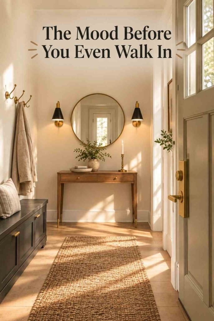 Soft diagonal morning light falling across a wood floor and runner rug in a front entryway.