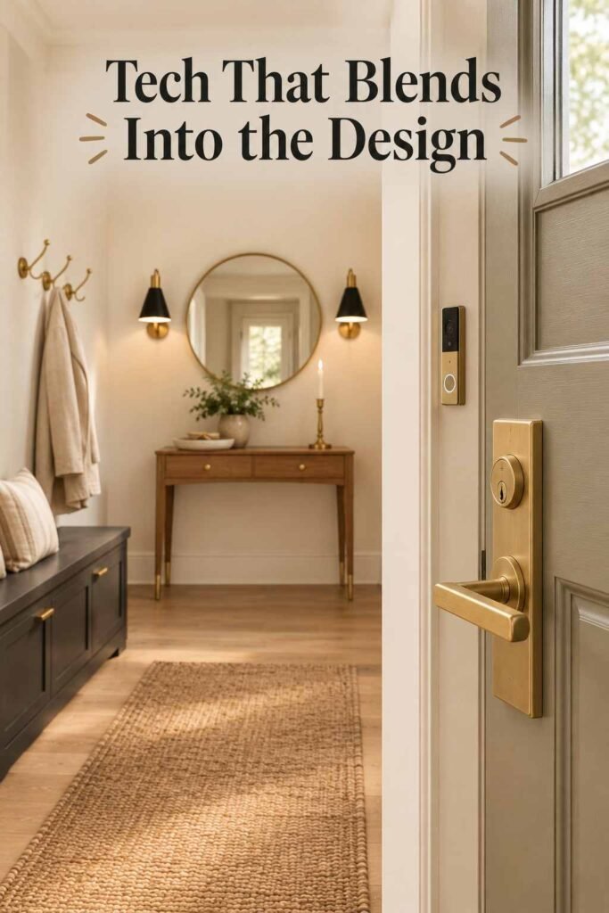 Brushed brass door hardware with a discreet video doorbell mounted beside a paneled front door.