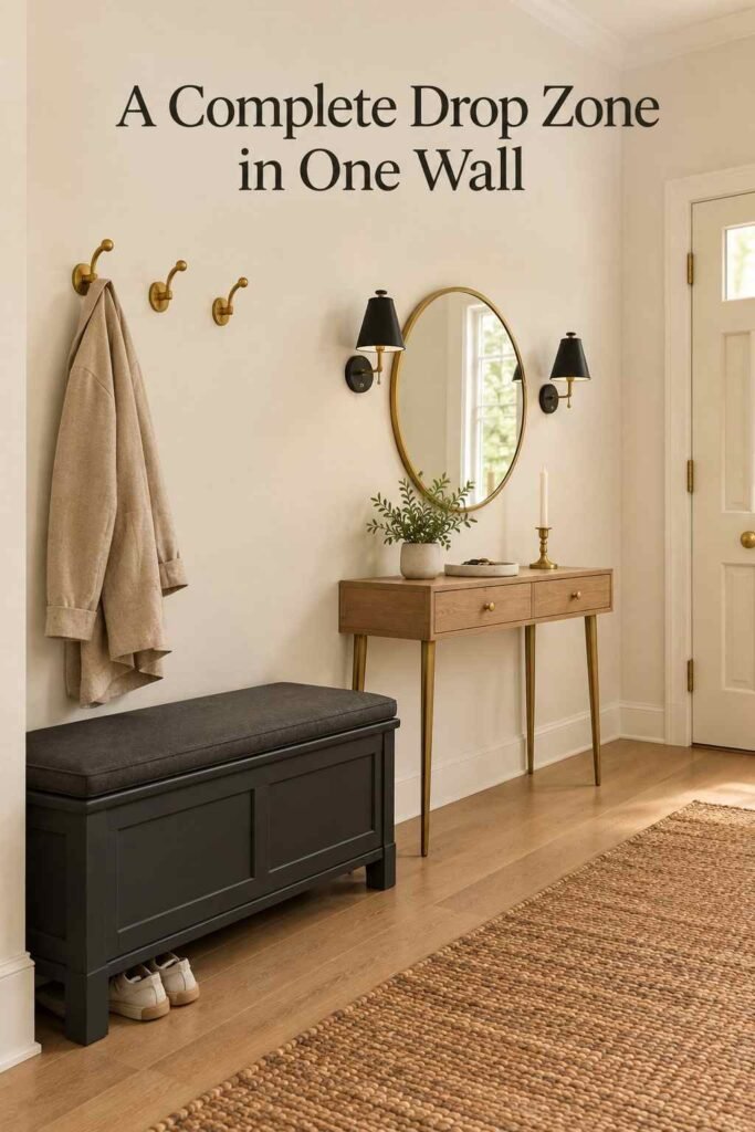 Charcoal storage bench beneath three brass wall hooks holding a linen coat, with shoes tucked underneath.