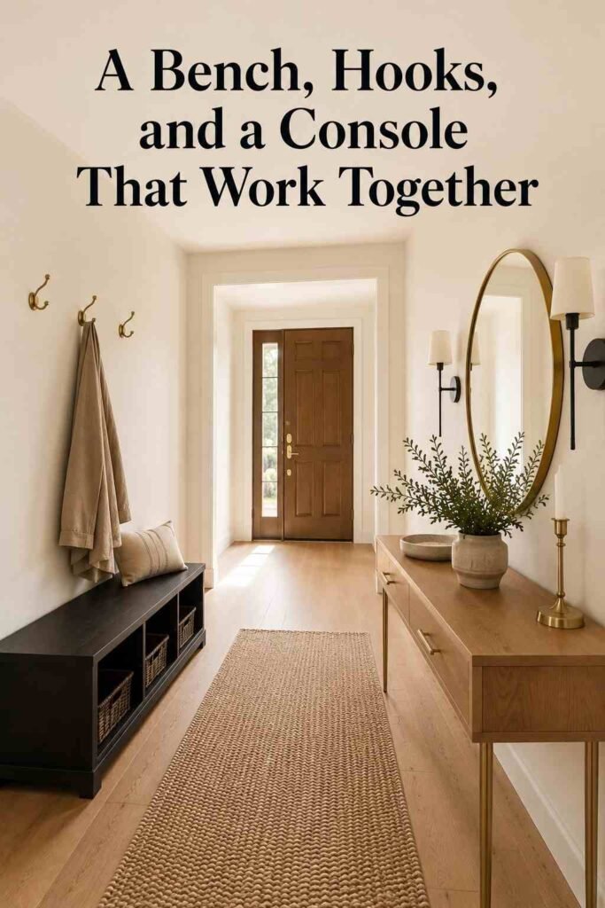 Overview of an entryway furniture layout including a console table, storage bench, wall hooks, and a runner rug.